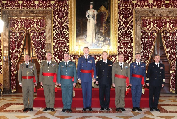 Su Majestad el Rey junto al grupo de generales de División y vicealmirantes que asisten a la audiencia